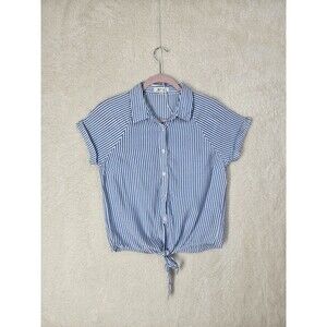 Bleuh Ciel Women Top Small Blue Strip 100% Rayon Short Sleeve Front Tie Button U